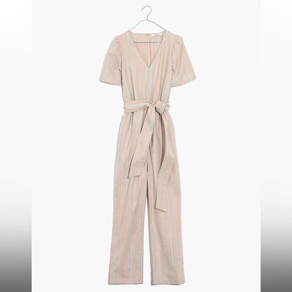 Madewell Striped Puff Sleeve Tapered Linen Jumpsuit Blue Horizon Marant Stripe - Picture 5 of 10